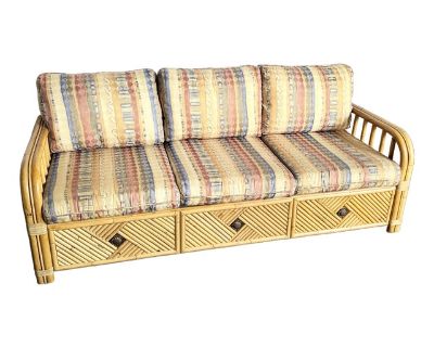 Boho Chic Bamboo Rattan Sofa With Queen Pull Out Bed and Mattress