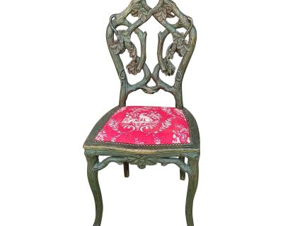 19th-C. Green Painted Black Forest Carved Faux Bois Side Chair in Dog Toile Linen