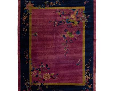 Room Size Antique Chinese Art Deco Wool Rug Handmade in Burgundy Color