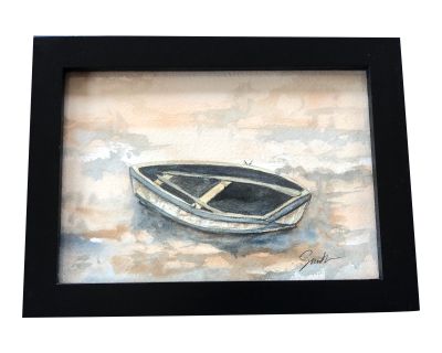 “Rowboat at Low Tide” Contemporary Original Watercolor Seascape Painting by Nancy Smith, Framed