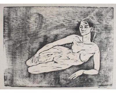 Reclining Female Nude 1960-70s Monochromatic Woodcut