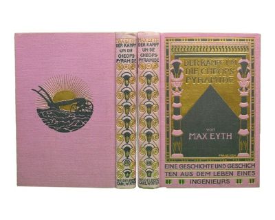 The Battle For The Cheops Pyramid EYTH, Max [421] pp./ [418] pp. Heidelberg Carl Winter 1910 8" x 5 1/2" Text in German Both volumes with identical features, violet linen with an embossed cover illustration in gold and black by Franz Hein, color edging, colored paper endpapers.. Dimensions 5.5 W 1 D 8 H Styles Traditional Period 1910s Country of Origin Germany Item Type Vintage, Antique or Pre-...