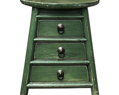 Chinese Distressed Light Green Round Top Drawers Wood Stool Table