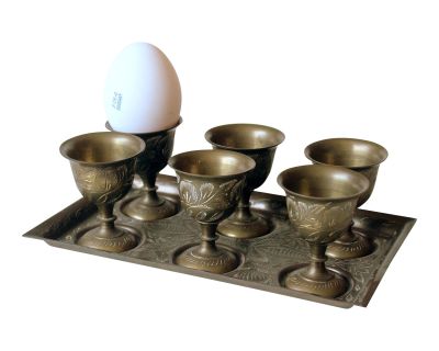 1960s Vintage - 6 Old Carved in Brass Egg Cups With Tray - Set of 7