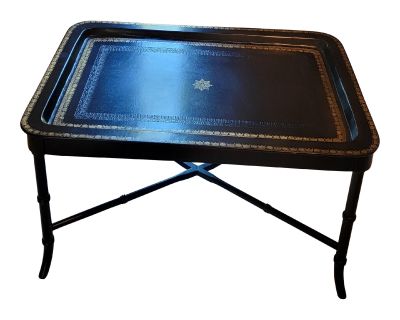 Vintage Maitland-Smith Black and Gold Leather Tray Table With Faux Bamboo Base