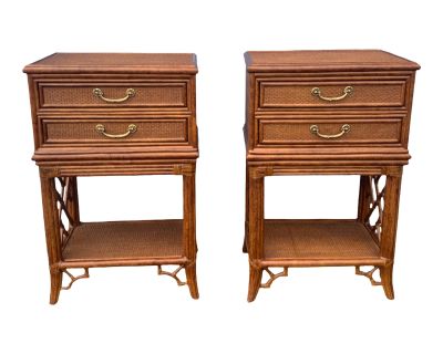 Late 20th Century Rattan and Fretwork Chippendale Tommy Bahama Style Tall Nightstands a Pair