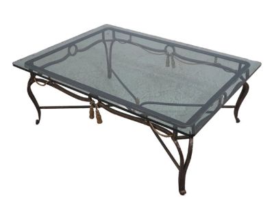 Age: Approx 25 Years Old Details: Beveled Glass Top High Quality Construction Large Impressive Table Tassel Style Drape Details Wrought Iron Base w. Scrolled Legs Condition: Excellent Original Finish & Condition Size: 52w x 37.5d x 19h. Dimensions 52 W 37.5 D 19 H Styles Regency Table Shape Other (unique shapes) Period 1990s Country of Origin Philippines Item Type Vintage, Antique or Pre-owned ...