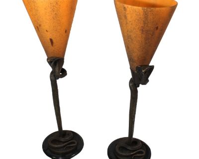 1990s Art Deco Style Snake Table Lamps, Bronze, Vianne Glass - a Pair