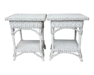 Pair of Vintage White Wicker Coastal Boho Nightstands Side Tables