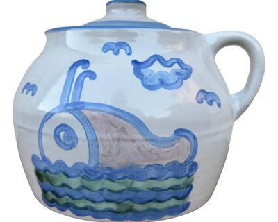 Vintage M.A. Hadley Hand Painted Bean Pot Cookie Jar With Whale Design