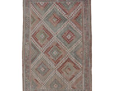 Colorful Vintage Turkish Embroidered Flat-Weave in Diamond Design. Keivan Woven Arts / rug / EN-179894 country of origin / type: Turkey / Kilim, circa 1950 Measures: 7'0 x 10'5 Rendered in diamond shapes with a spotted and speckled assortment of geometric diamonds elements, this unique midcentury Turkish Kilim showcases an array of rich colorful tones that have softened by age. Colors include r...