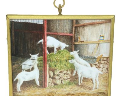 Miniature Signed Vintage English Countryside Goat Painting, 1993