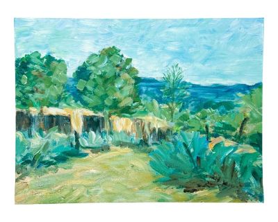 A lovely cool blues desert painting depicting an adobe structure hidden by trees and agave or yucca plants. The brush strokes are airy and free flowing, a nice Fauvist effect, particularly in the trees, making the painting come alive. Measures: 12" x 16" Unframed.. Dimensions 16 W 0.25 D 12 H Styles Post Impressionist Southwestern Transitional Frame Type Unframed Art Subjects Landscape Period L...