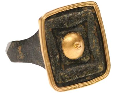 A Bronze Roman Ring With 21k Gold, Size 6.5