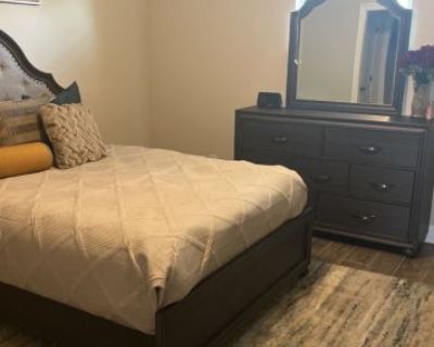 Queen bed, mattress, dresser and mirror