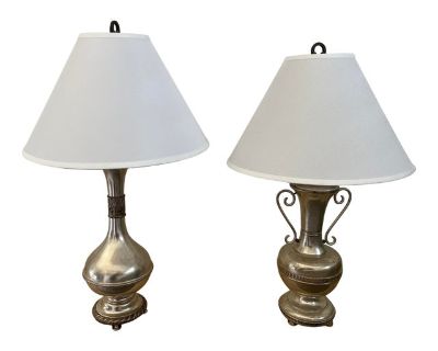 Vintage Metal Table Lamps With Lampshades - Set of 2