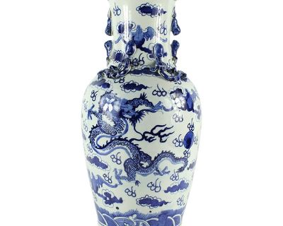 1980s Pair of Blue/White Porcelain Tall Vase