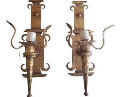 Vintage Vintage Neoclassical Gothic Wrought Iron Gilt Wall Sconces - Set 2 Pair