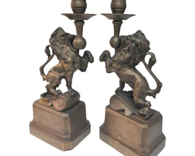 Mid 20th Century Pair of Heavy Bronze French Renaissance Lion Candle Holders