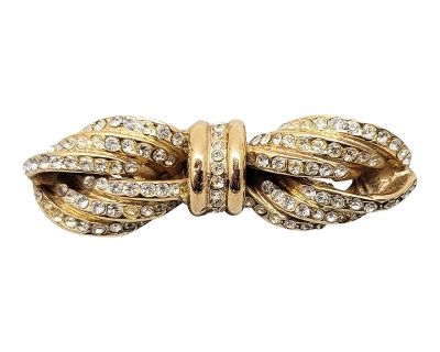 Vintage Signed Bijoux Cascio Italy Goldtone Clear Rhinestone Bow Brooch