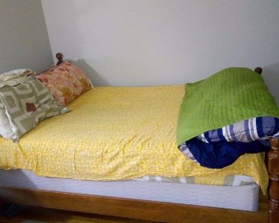 very nice full size wooden bed frame in very good condition and full size box spring and full size mattress with no spills and no damage.need to go asap before end of april,2018