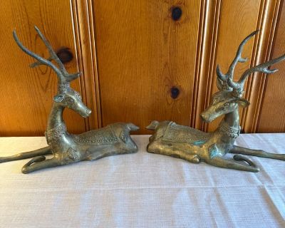 2 Vintage Brass Reclining Deer Figurines