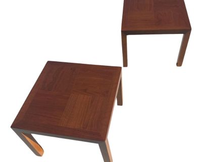 Pair of Vintage Mid Century Modern 1970s Parquetry Parsons End Walnut Side Tables by Lane Restored