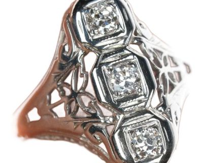 sz4 Antique Diamond 18k White gold filigree ring. 17mm wide in center 2.5" grams, unmarked, tested and guaranteed 18k gold and high quality natural super white diamonds.. Styles Contemporary Ring Size 4 Period Late 20th Century Item Type Vintage, Antique or Pre-owned Shop Sustainably with Chairish Materials 18K White Gold Condition Good Condition, Unknown, Some Imperfections Color Silver Condit...