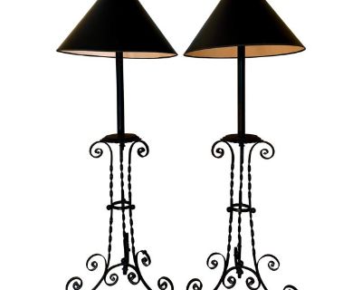 Wrought Iron Plant Stand Floor Lamps - a Pair