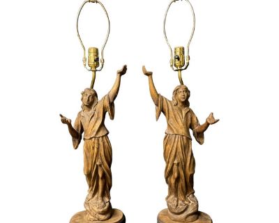 Hand carved walnut female figures. Beautifully detailed draping fabric. Left and Right figures. shades not included.. Dimensions 10 W 6.5 D 21 L Styles Figurative Traditional Lamp Shade Not Included Period Early 20th Century Item Type Vintage, Antique or Pre-owned Shop Sustainably with Chairish Materials Walnut Condition Good Condition, Original Design Modified, Some Imperfections Color Brown P...