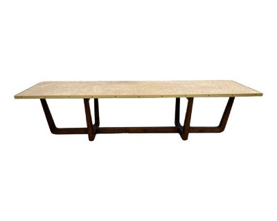 1970s Mid-Century Modern Coffee Table With Brass-Rimmed Raffia Top and Walnut Base