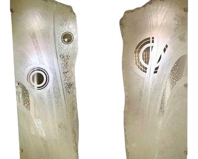 1990s Artist Deigned Custom Etched Glass Panels in Post Modern Art Style - a Pair