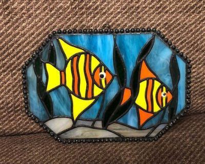 Unique hand crafted stained glass angelfish design window or wall hanging