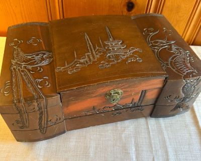 Asian Hand-Carved Wooden Jewelry Box w Mirror