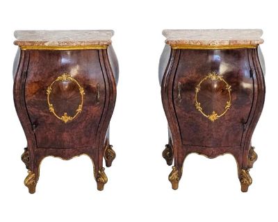 Pair Antique 1900s Italian Bombe Nightstands Marble Tops Burl Walnut Eith Gilt Wood Accent