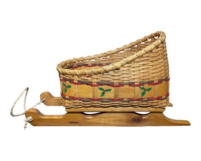 Handmade Large Wood & Rattan Basket Christmas Sleigh Sled Holiday Decor