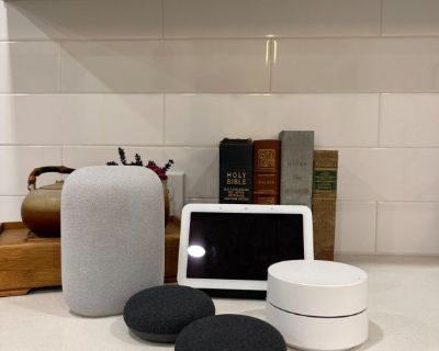 Control your thermostat, music, TV's, and more with your google home package.  Includes the Google Hub, Google Nest Hub (big speaker) two Google Home Mini Speakers and a Google WIFI router (just plug into the wall and you have your own network).

All speakers and hub will play any bluetooth connected device