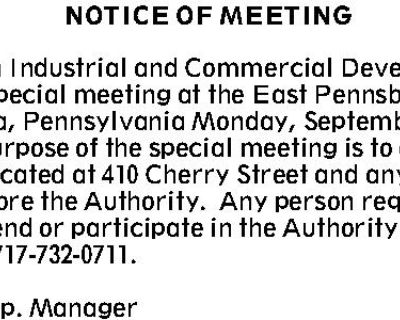 NOTICE OF MEETING The Board of East Penn Industrial and Commercial Development Authority...