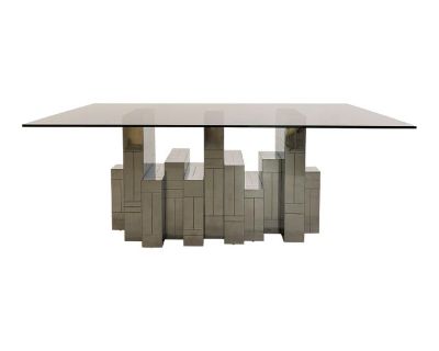 Vintage MCM Paul Evans Cityscape Dining Table – Gunmetal Base, Smoke Glass Top, 1970s