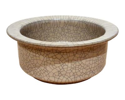 Chinese porcelain Guan Yao bowl, a finely formed bowl or censer, with a shelf lip, and step down foot, a light gray, glazed exterior, interior and inset base, all covered in fine, small pattern, iron wire craquelure, with dark grey highlights on the rims of the flanged lip and the inset base. Circa Republic of China era, no later than mid-century.. Dimensions 6 W 6 D 2.5 H Styles Chinese Tradit...