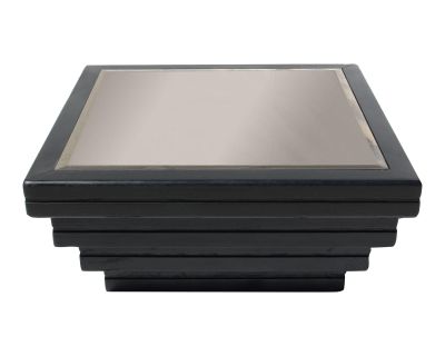 1980's Postmodern Step Pyramid Art Deco Square Black & Smoked Mirror Wood Coffee Table