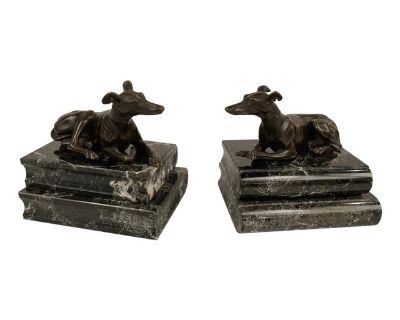 Pair of Regency Bronze Figures of Reclining Whippets on Green Marble Bases