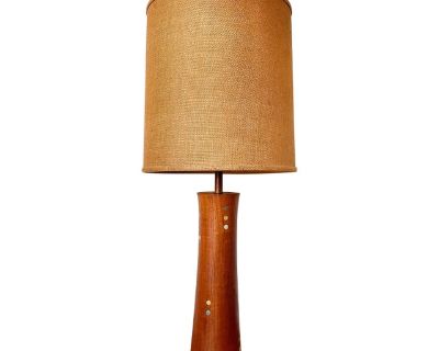 Rare Turned Teak and Ceramic Martz Dots Lamp With Shade