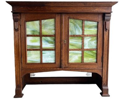 Large Antique Craftsman or Mission Style Salvaged Oak Hutch With Green Slag Glass Doors