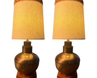 Vintage 1960s Mid-Century Modern Brass Bronze and Mahogany Wood Urn Table Lamps with Shades - a Pair