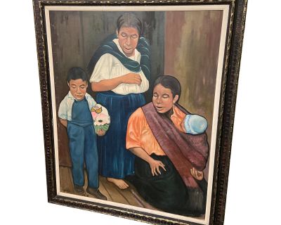 Vintage Mexican Muralist Style Portrait Oil Painting Signed Castillo