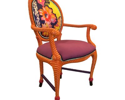 Vibrantly Painted and Upholstered Antique Wood and Cushion Arm Chair