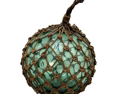 Very Nice Large Authentic Vintage Hand Blown Glass & Woven Rope Fishing Net Float