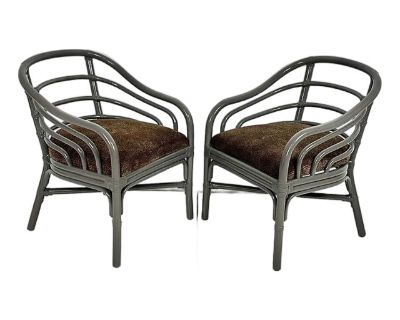 Vintage pair of newly lacquered rattan arm chairs. Curved rattan banded frame redone in high gloss Sherwin Williams "Black Fox." Great sculptural style in a handsome warm neutral.. Dimensions 23 W 23 D 32 H Styles Boho Chic Coastal Hollywood Regency Number of Seats 2 Seat Height 18.0 in Period Late 20th Century Item Type Vintage, Antique or Pre-owned Shop Sustainably with Chairish Materials Rat...