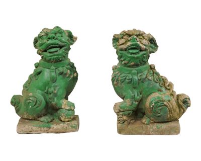 Mid 20th Century Foo Dogs with Original Green Paint - a Pair